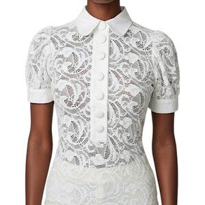 Anne Fontaine White Mini Pull Sleeve Lace Collar Shirt Women's Size 6